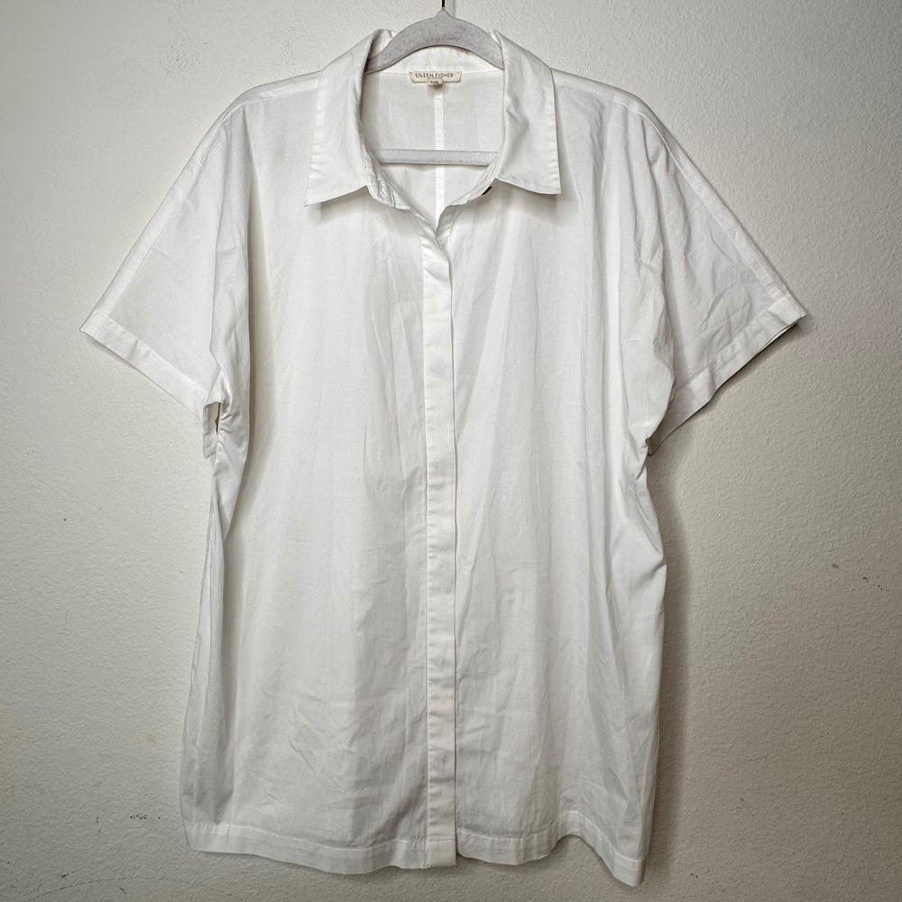 Eileen Fisher White Organic Cotton Short Sleeve Button Down Shirt PL Coastal
